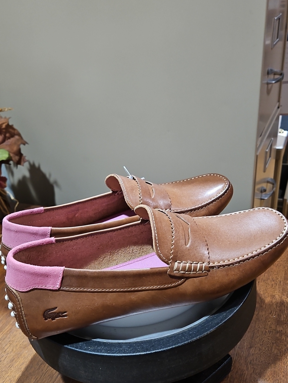 Lacoste Concours Men’s Tan/Brown Leather Penny Loafers with Pink Accents